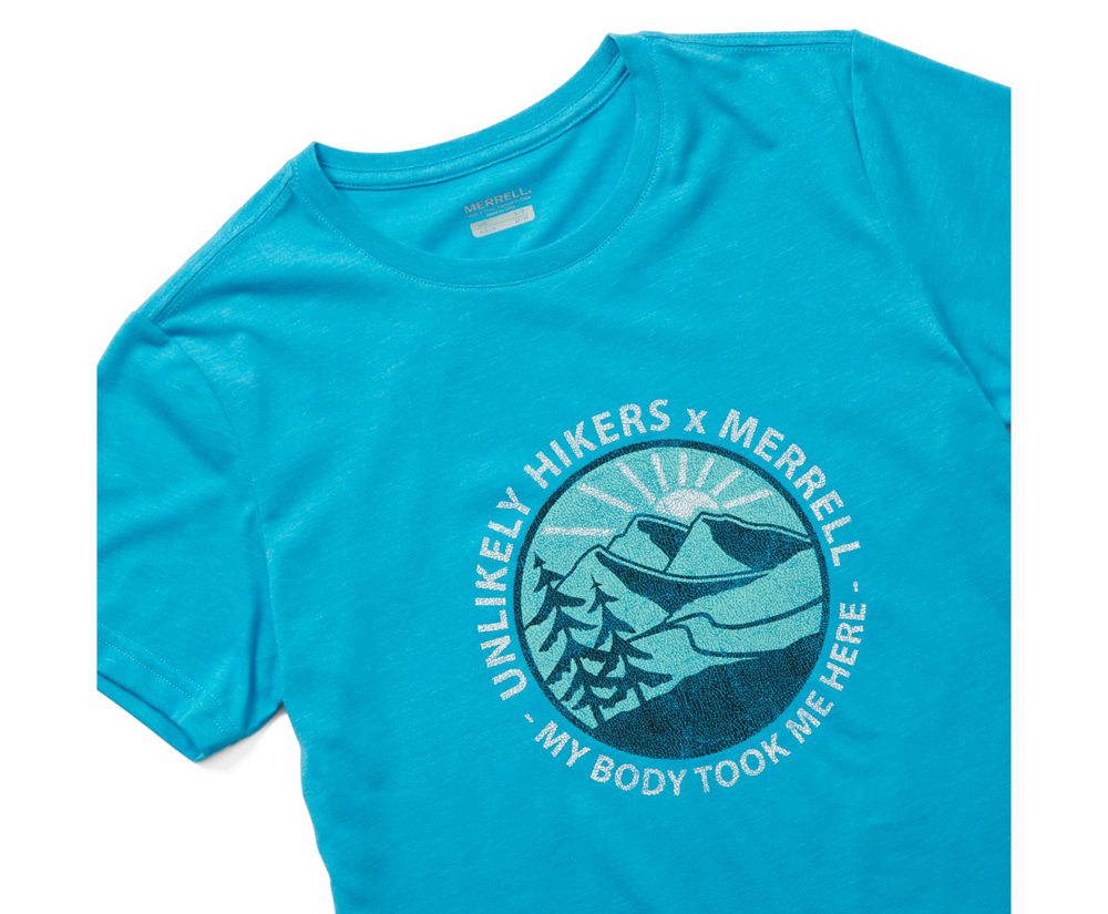 Krótki Rękaw Merrell Damskie Niebieskie - Unlikely Hikers X Tee - 928635-BZS